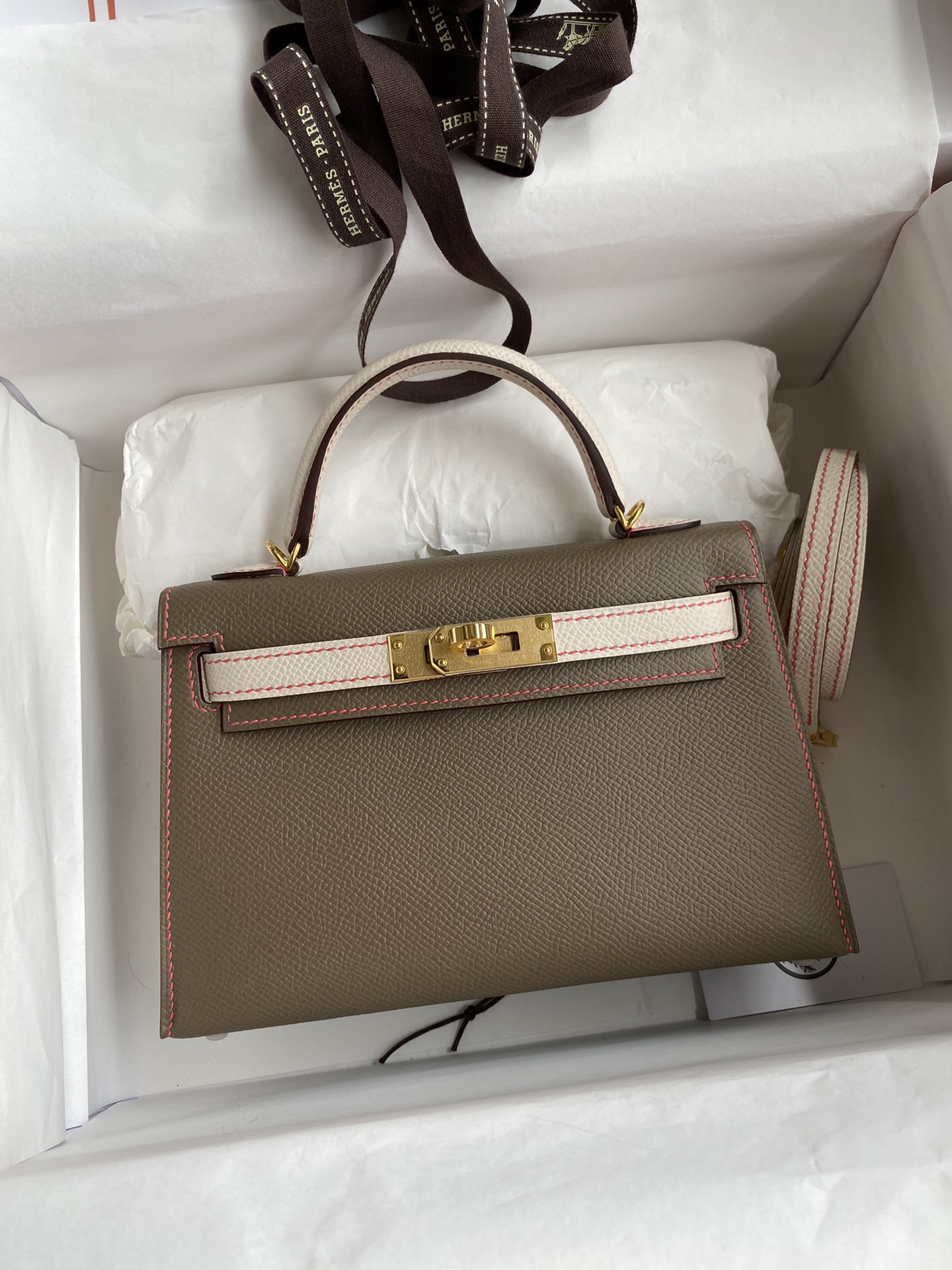 Hermes Kelly Mini II Bag 19CM In Khaki White Epsom Leather